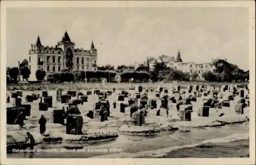 Ak Ostseebad Zinnowitz auf Usedom, Strand, Schwabes Hotel