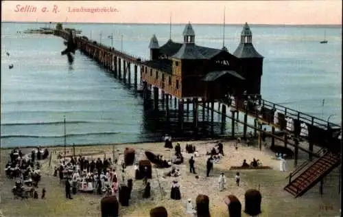 Ak Ostseebad Sellin auf Rügen, Landungsbrücke, Strand