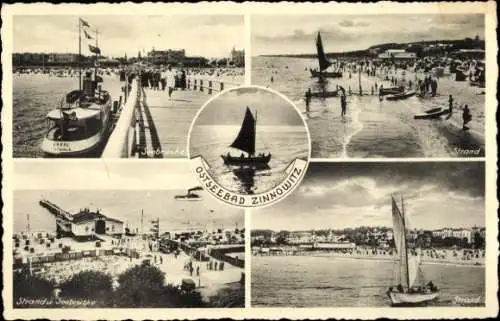 Ak Ostseebad Zinnowitz auf Usedom, Seebrücke, Strand, Segelboot