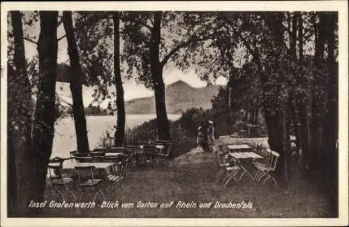 Ak Bad Honnef am Rhein, Insel Grafenwerth, Blick vom Garten auf Rhein und Drachenfels