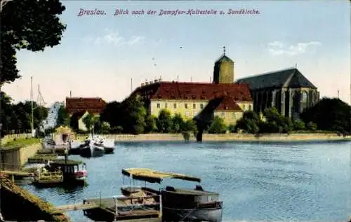 Ak Wrocław Breslau Schlesien, Blick nach der Dampfer Haltestelle und Sandkirche