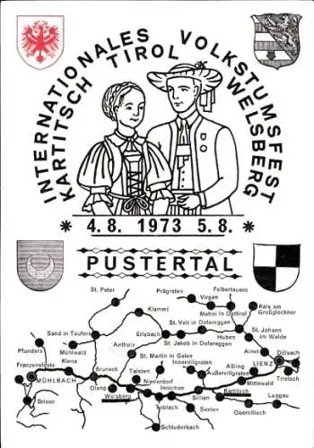 Ak Kartitsch Tirol, Internationales Volkstumfest 1973, Pustertal, Wappen, Paar in Tracht