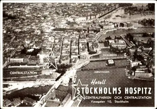 Ak Stockholm Schweden, Luftbild der Stadt, Hauptbahnhof, Hotel Stockholm Hospitz