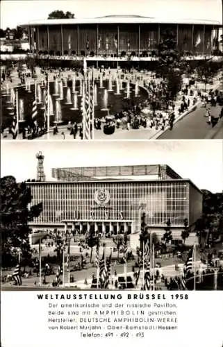 Ak Brüssel, Weltausstellung 1958, amerikanischer und russischer Pavillon