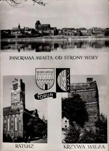 Wappen Ak Toruń Thorn Westpreußen, Panorama, Rathaus, Krzywa Wieza