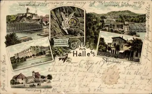 Litho Halle Saale, Burg Giebichenstein, Moritzburg, Reilsburg v. d. Bergschänke, Bad Wittekind