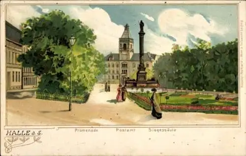 Litho Halle an der Saale, Promenade, Postamt, Siegessäule