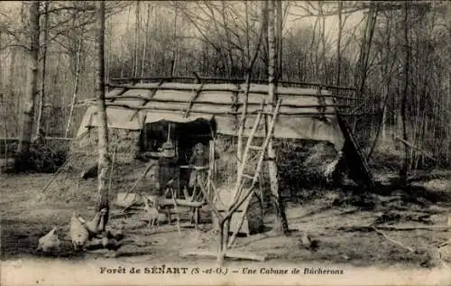 Ak Forêt de Sénart Essonne, Eine Hütte im Wald, davor steht ein Mann mit einem Hund. Hühner la...