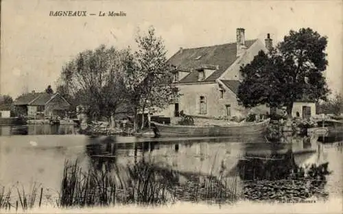 Ak Bagneaux Yonne, Schwarz-weiß Foto einer Mühle mit Bäumen und einem Fluss davor.