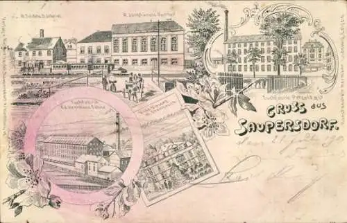 Feder Litho Saupersdorf Kirchberg in Sachsen, Tuchfabrik Petzold, Herrmann Söhne, Bäckerei