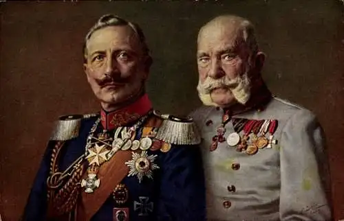 Künstler Ak Kaiser Wilhelm II., Kaiser Franz Joseph I., Portrait, Orden, Uniform