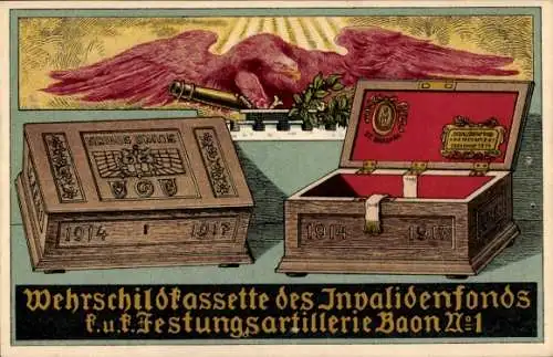 Künstler Ak Wehrschildkassette des Invalidenfonds, Festungs-Artillerie-Bataillon Nr 1