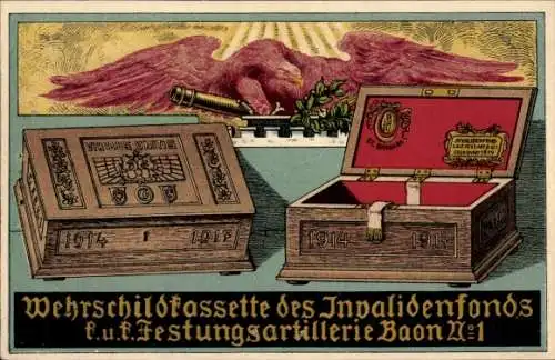 Künstler Ak Wehrschildkassette des Invalidenfonds, Festungs-Artillerie-Bataillon Nr 1