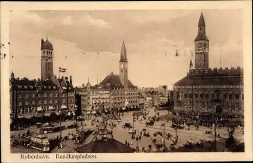 Ak København Kopenhagen Dänemark, Raadhuspladsen, Straßenbahn