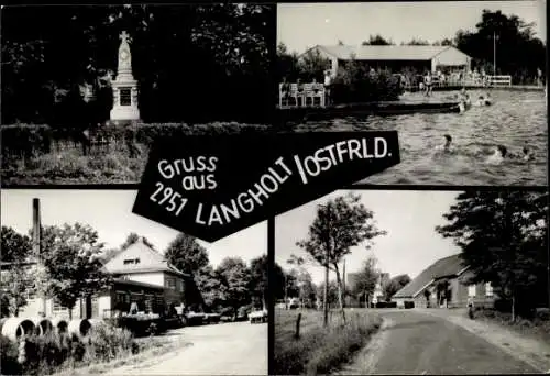 Ak Langholt Leer in Ostfriesland, Denkmal, Schwimmbad, Straßenansicht