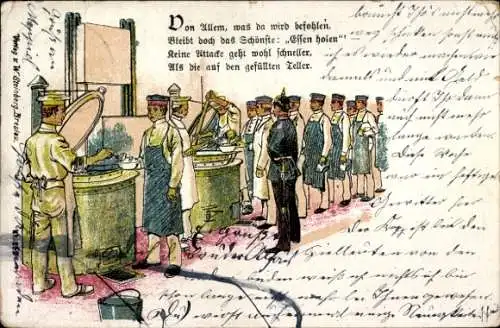 Litho Deutsche Soldaten in Uniformen, Essensausgabe