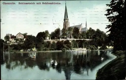 Ak Chemnitz in Sachsen, Schlossteich mit Schlosskirche, Schwäne, Boote