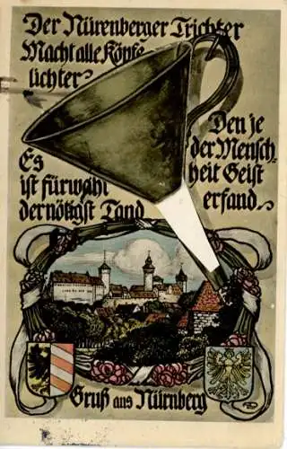 Künstler Ak Nürnberg, Nürnberger Trichter, Teilansicht, Wappen