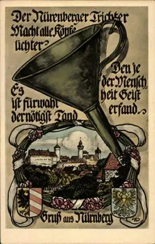 Künstler Ak Nürnberg, Nürnberger Trichter, Teilansicht, Wappen