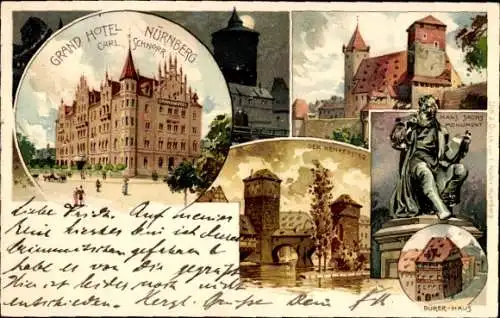 Litho Nürnberg in Mittelfranken Bayern, Grand Hotel, Henkersteg, Hans Sachs Monument, Dürerhaus