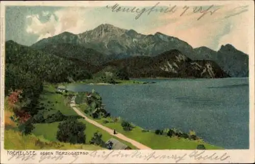 Litho Kochel am See in Oberbayern,  Blick gegen Herzogstand, Kochelsee