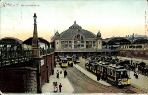 Ak Halle an der Saale, Hauptbahnhof, Straßenbahnen