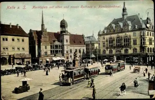 Ak Halle Saale, Marktplatz, Straßenbahn 55, Rathaus, Händeldenkmal