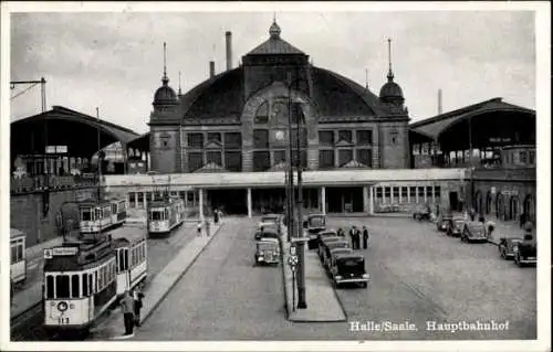 Ak Halle an der Saale, Partie am Hauptbahnhof, Strassenbahnen 113, 195