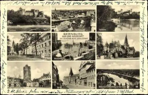 Ak Bernburg an der Saale, Totalansicht, Schloss, Kurhaus, Markt, Bärenzwinger, Blick auf die Saale