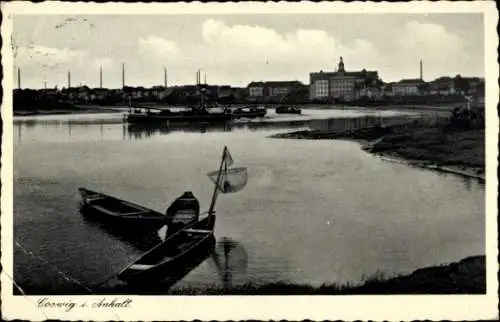 Ak Coswig in Anhalt, Teilansicht der Stadt, Boote