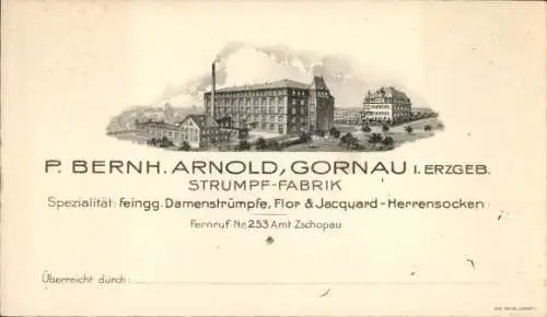 Ak Gornau im Erzgebirge Sachsen, Strumpf-Fabrik P. Bernard Arnold