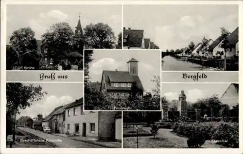 Ak Bergfeld Niedersachsen, Kirche, Siedlung, Ehrenmal, Feuerwehr, Geschäftshaus