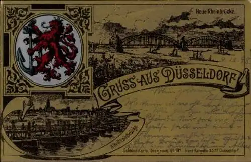 Wappen Litho Düsseldorf am Rhein, Alte Rheinbrücke, Neue Rheinbrücke