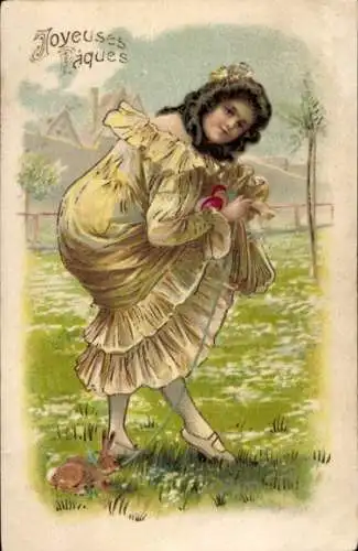 Litho Frohe Ostern, Mädchen, Osterhase