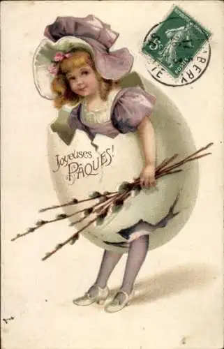 Präge Litho Frohe Ostern, Mädchen mit Weidenkätzchen