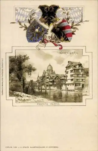 Präge Wappen Passepartout Litho Nürnberg in Mittelfranken, Pegnitz Partie