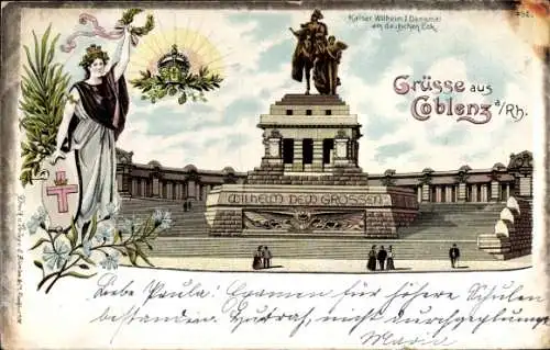 Litho Koblenz am Rhein, Kaiser Wilhelm Denkmal I. am Deutschen Eck