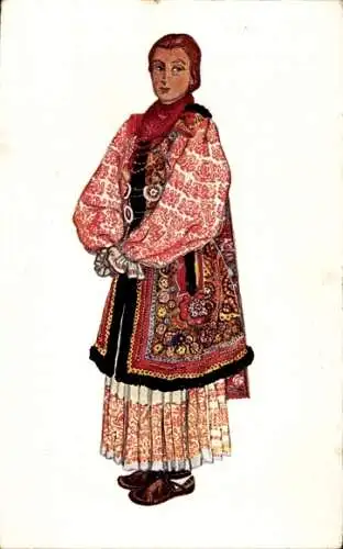 Künstler Ak Kroatische Volkstracht, Frau, Rotes Kleid