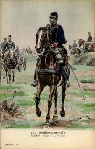 Künstler Ak Artillerie montée, Cavalier Tenue de Campagne