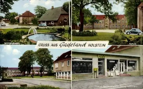 Ak Gadeland Neumünster , Mühlenstraße, Schule, Gemeindehaus, Post