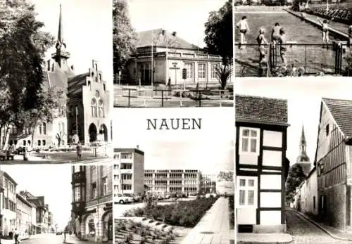 Ak Nauen im Havelland, Rathaus, Kulturhaus, Springbrunnen, Wohnblöcke, Straßenszene, Fachwerkhaus