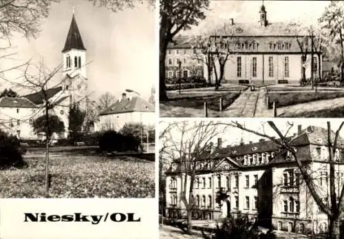 Ak Niesky in der Oberlausitz, Zinzendorfplatz, Kirche, Emmaus-Krankenhaus