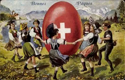 Künstler Ak Glückwunsch Ostern, Kinder tanzen um ein Osterei, Schweiz