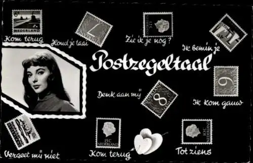 Briefmarken Ak Briefmarkensprache, Frauenportrait, Niederlande