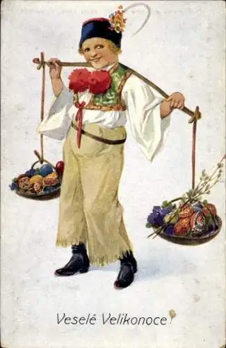 Künstler Ak Glückwunsch Ostern, Junge, Tschechische Tracht, Ostereier