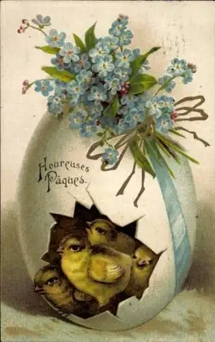 Präge Litho Glückwunsch Ostern, Küken in einem Osterei, Vergissmeinnichtblüten