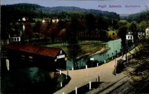 Ak Barthmühle Pöhl im Vogtland, Blick auf überdachte Brücke, Fluss, Ort, Gleise, Ottmar Zieher 2517