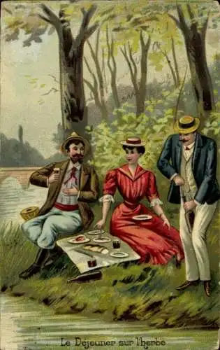 Litho Un déjeuner sur l'herbe, Picknick, Frau, Männer