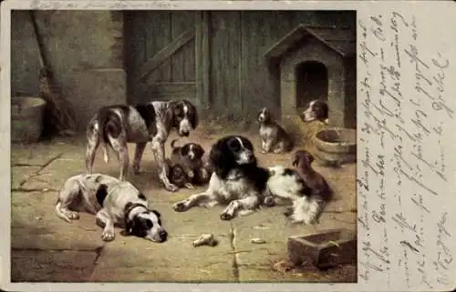 Künstler Ak Reichert, C., Hunde mit Welpen, Hundehütte, Munk 293