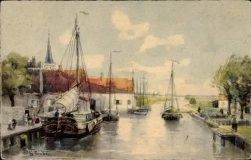 Künstler Ak Blick in e. Hafen, Schiffe, Meissner & Buch